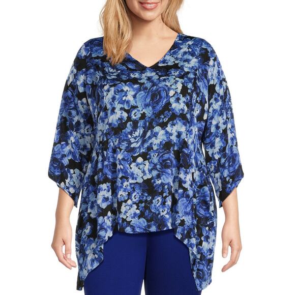 Slim Factor Investments Blue Floral Asymmetrical Hem Shirt Plus Size 2X - Picture 1 of 7